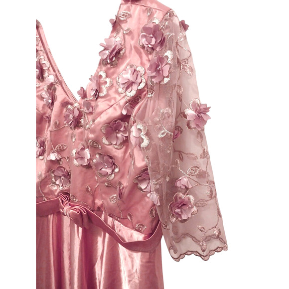 VNTG 80s Satin Dress Sz XL Pink 3D Flowers Chiffon Sleeves Fairy Princess Retro - Picture 3 of 12